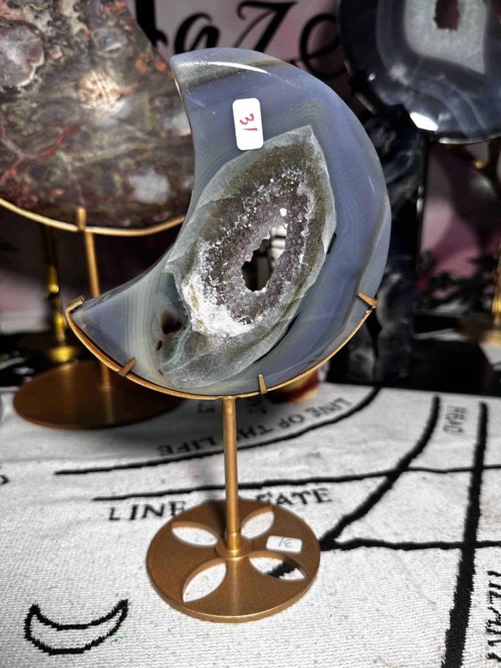 Agate Geode Moon on Gold Stand